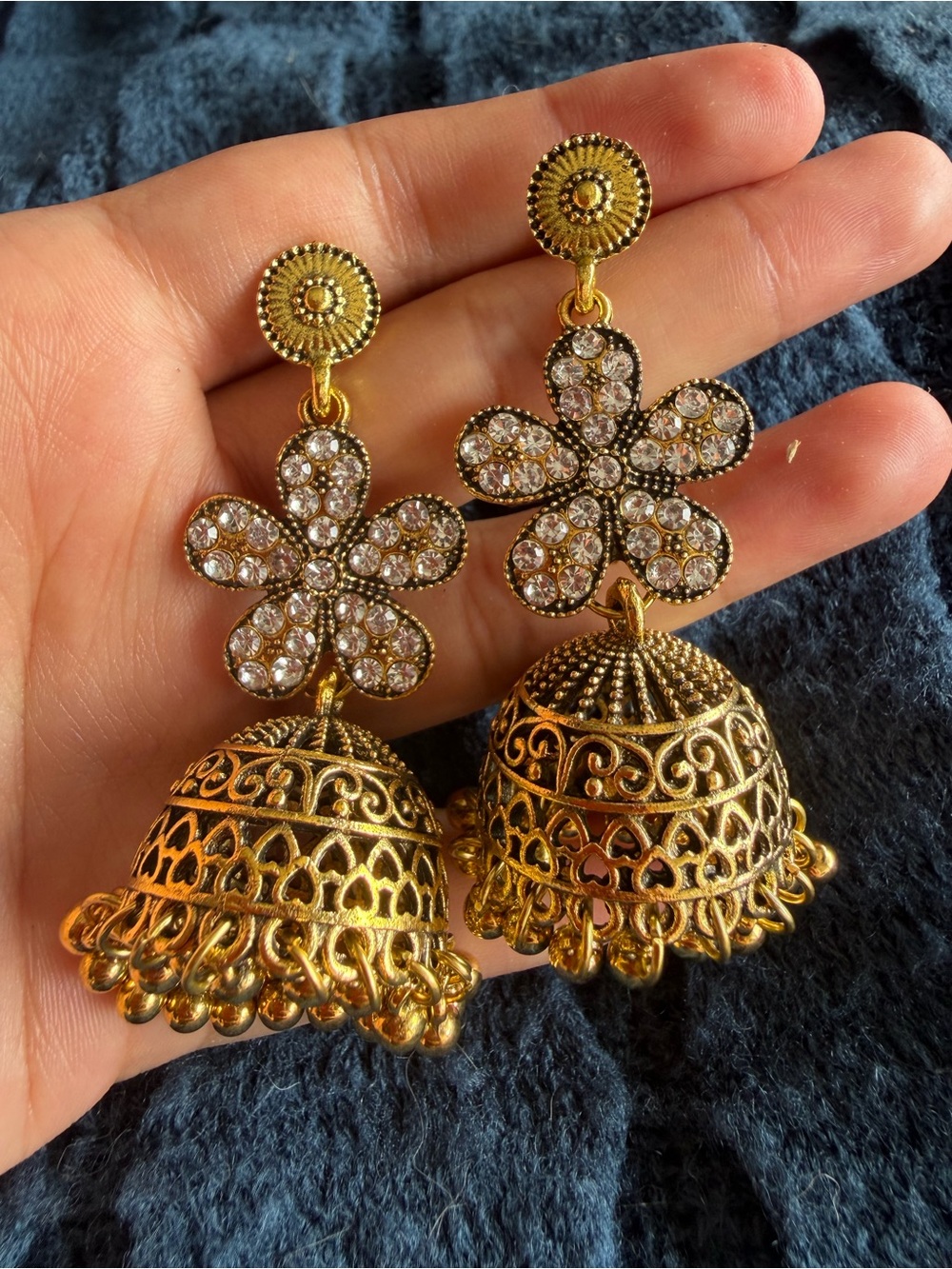 Gold Floral Jhumka Earrings with Crystal Accents